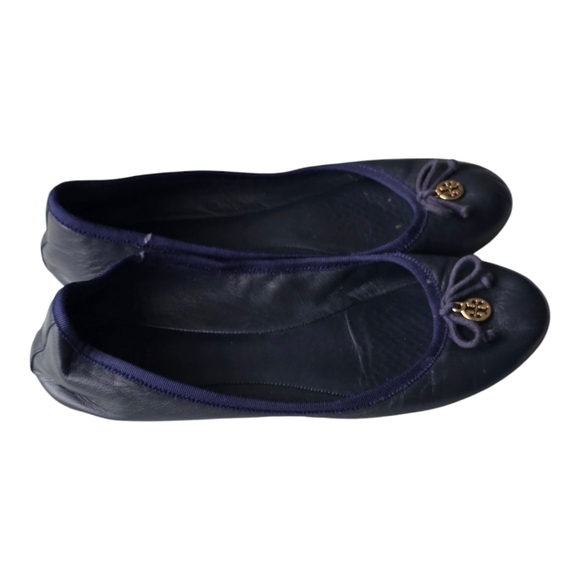 Tory Burch Chelsea Ballet Flats 8M Blue Women Bow Medallion Logo - Picture 3 of 14
